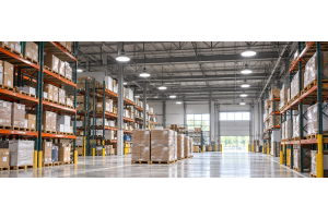 Warehouse illuminated by LED high bay lighting