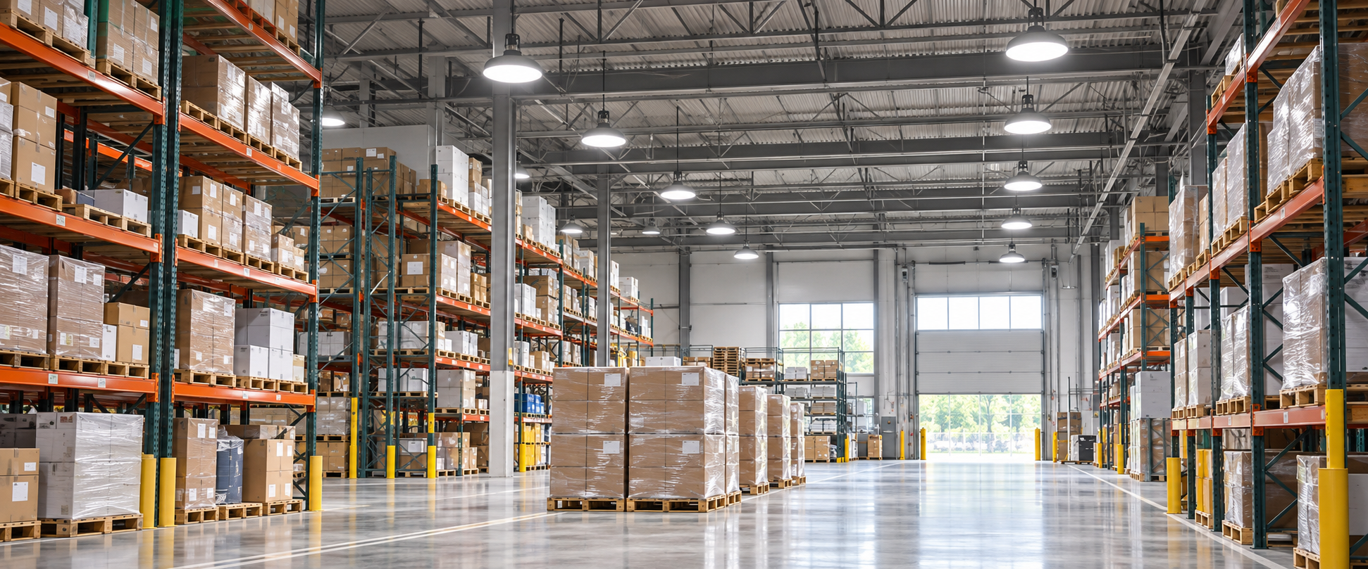 Warehouse illuminated by LED high bay lighting