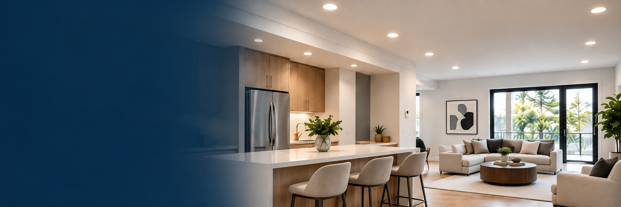 Recessed ceiling lights illuminating an open-plan kitchen and living room